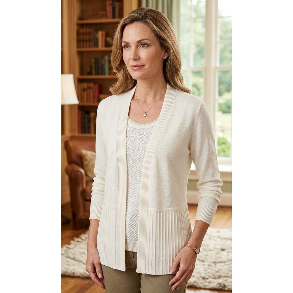 Marled Reunited Clothing Women's L Open Front‎ Cardigan Ivory White Pleated Knit